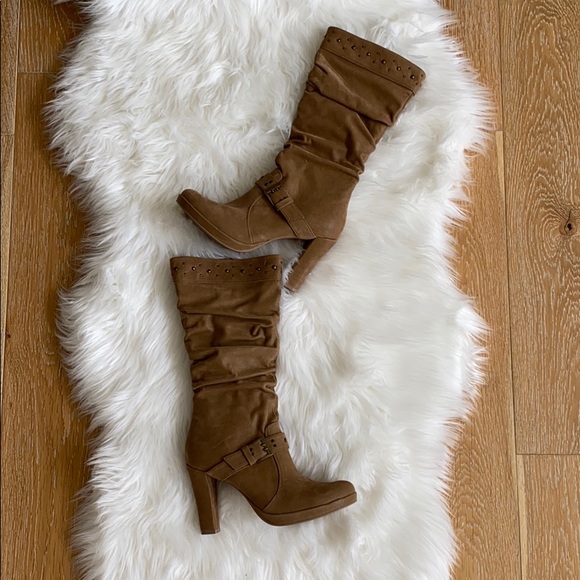 Splash Shoes - Camel Faux Suede Buckle Strap Platform Boots NEW!